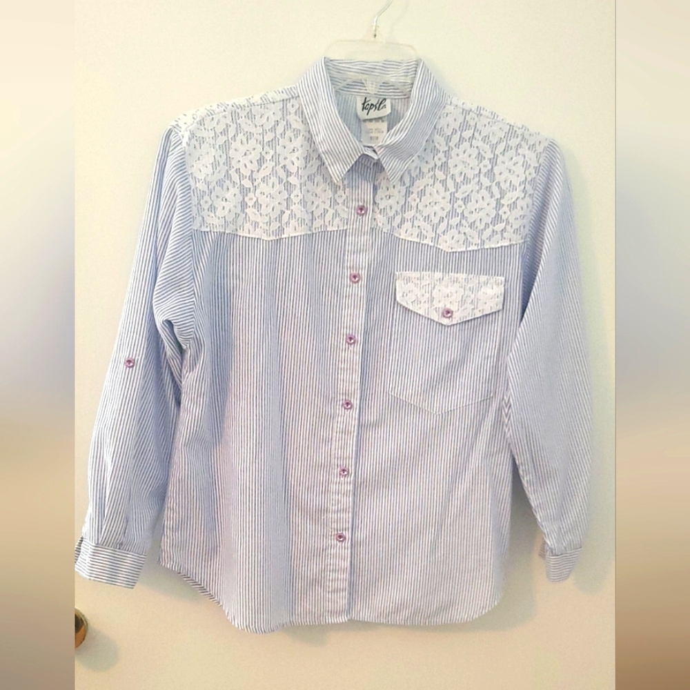Tap & Company Boho Shirt Fancy Chrochet Blue & White Striped